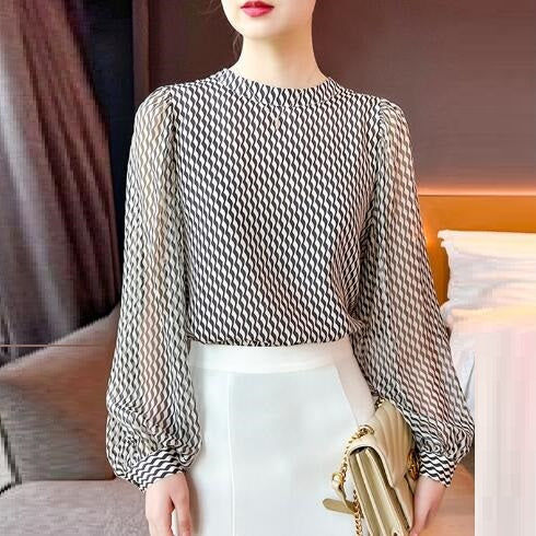 Striped Crepe De Chine Silk Shirt Stand Collar