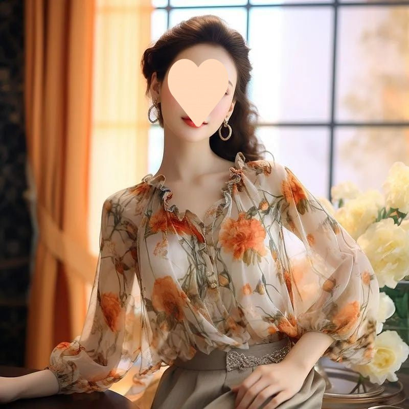 Wooden Ear Puff Sleeve Printed Chiffon Shirt Top