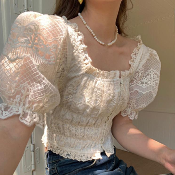 Puff Sleeve White Lace Women's Waist Trimming Short Top