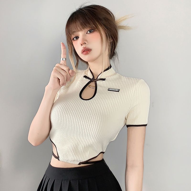 Buckle Stand Collar Texture Irregular Hem Slimming Lace Up High Waist Hot Girl Short T-shirt