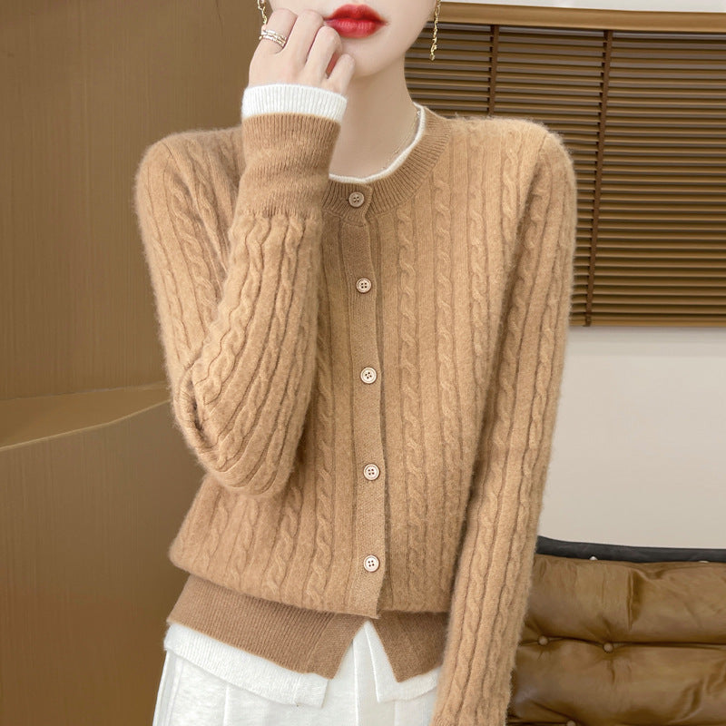 O-neck Short Small Twist Knitted False Two Pieces Color Matching Cardigan Jacket