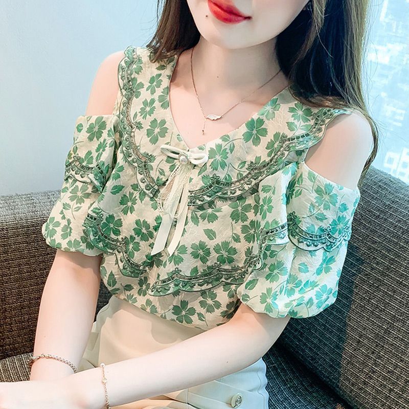 Women's Floral Short-sleeved Chiffon Blouse Off-shoulder Sweet Shirt