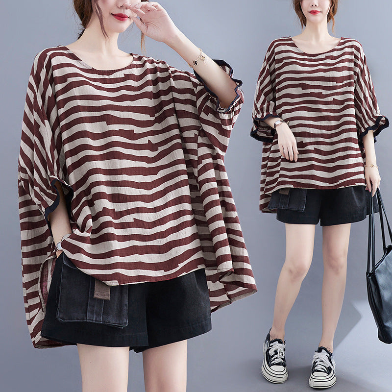 Summer Women's Loose Plus Size Striped Batwing Sleeve T-shirt
