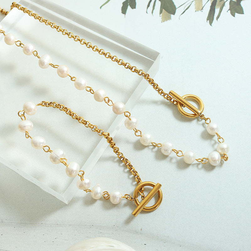 Retro Affordable Luxury Freshwater Pearl OT Buckle Bracelet Necklace