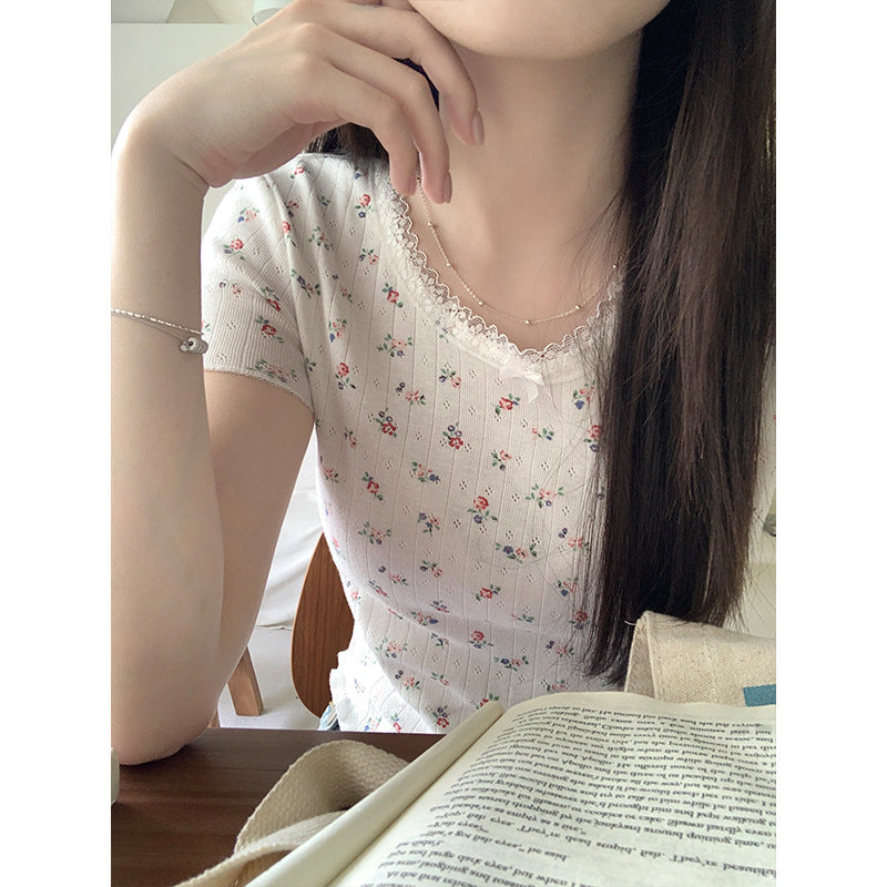 Women's Lace Stitching Bow Round Neck Fitted Short T-shirt Top