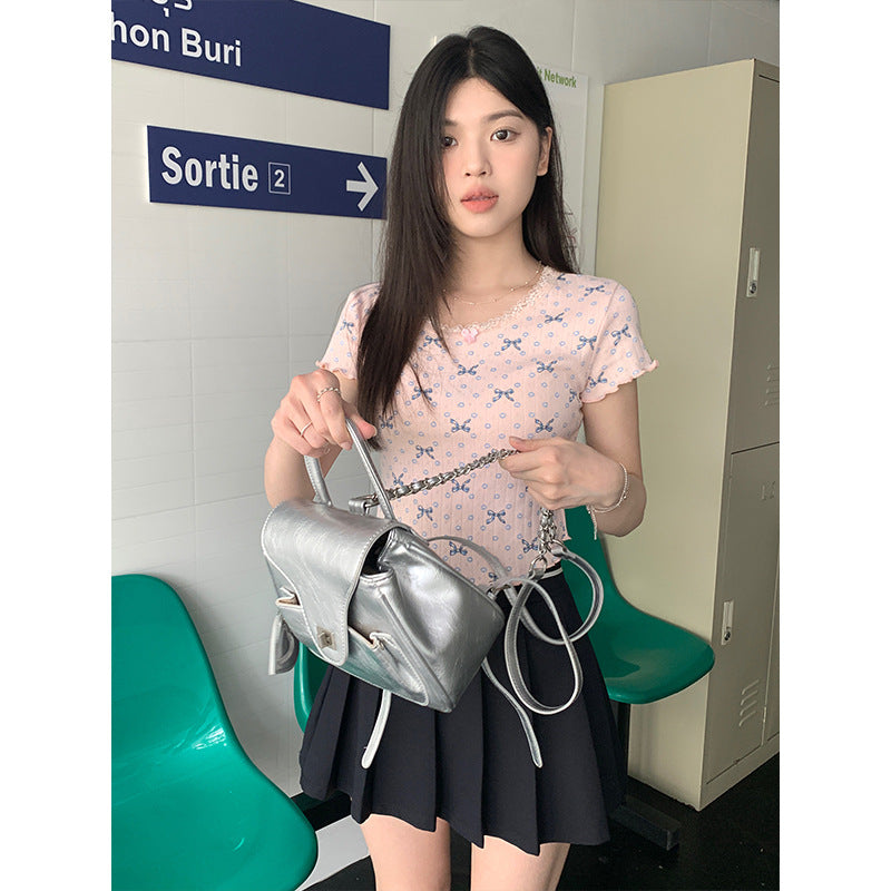 Women's Lace Stitching Bow Round Neck Fitted Short T-shirt Top