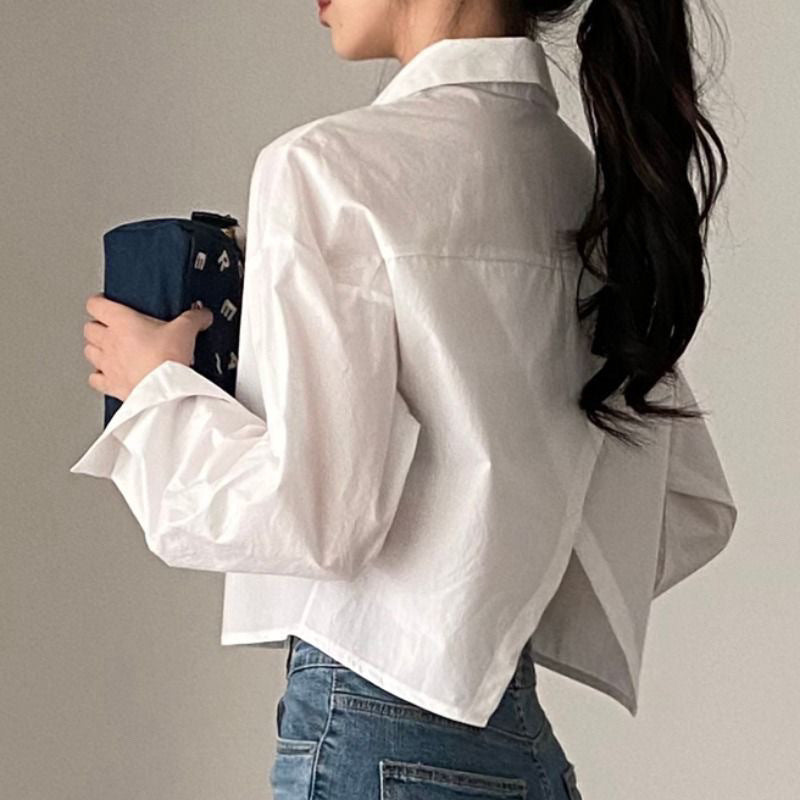 Back Slit Loose Lapels Short Long Sleeve Shirt