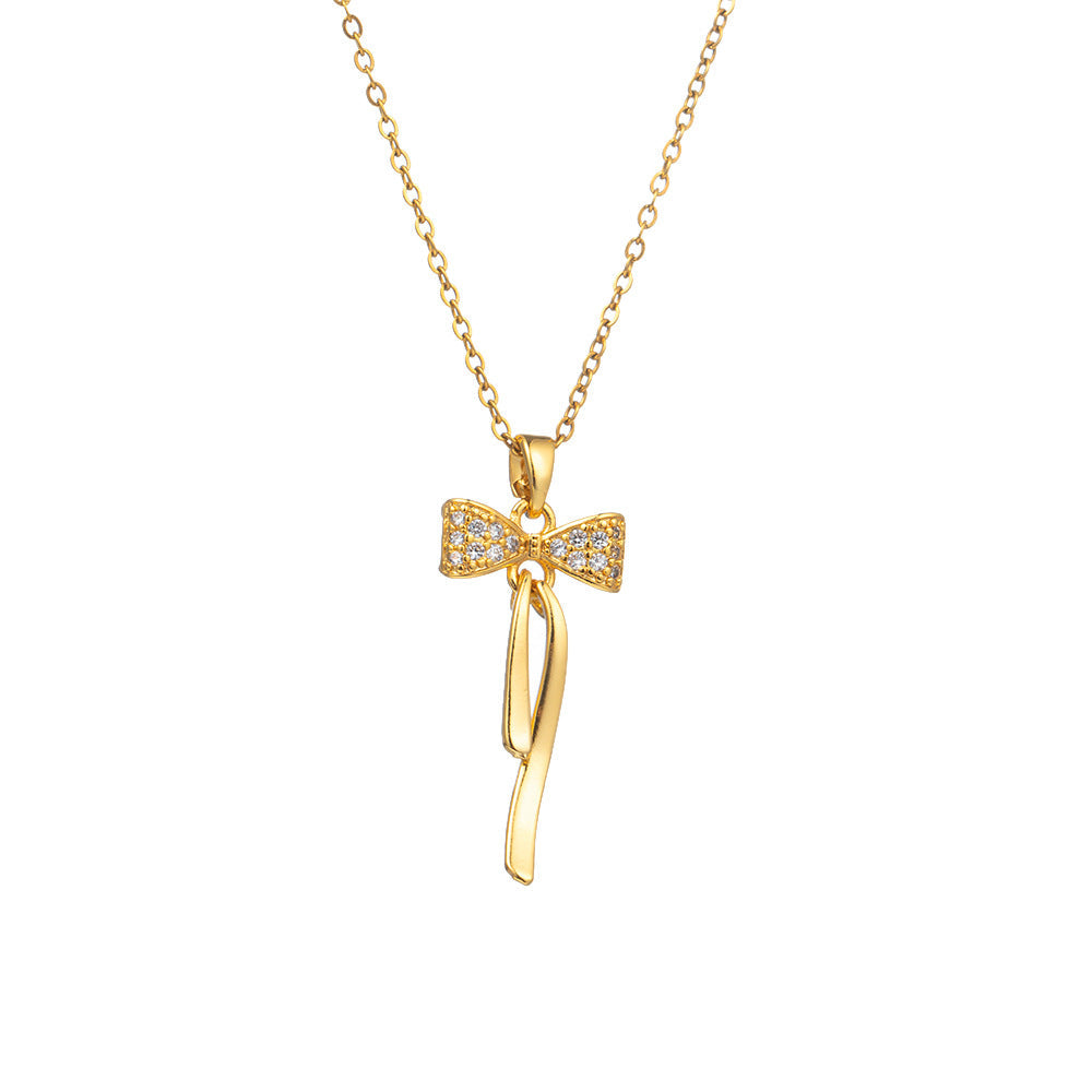 Simple 18K Gold-plated Tassel Bow Necklace For Women