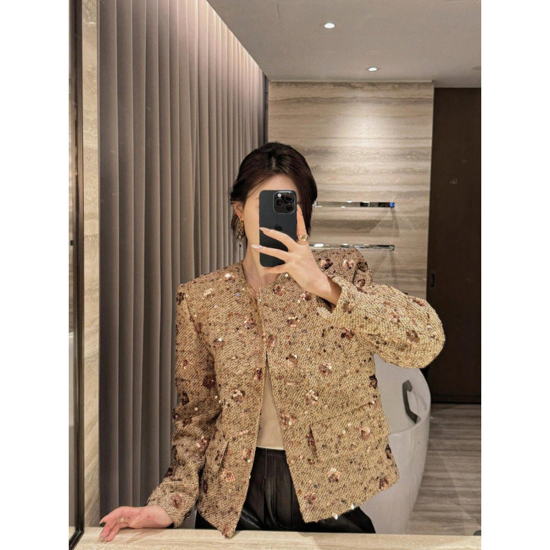 Gold Sequined Coat Tweed Padded Top