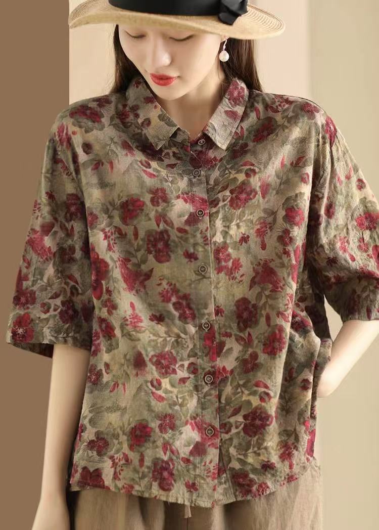 Retro Fried Color Printing Cotton Linen Shirt