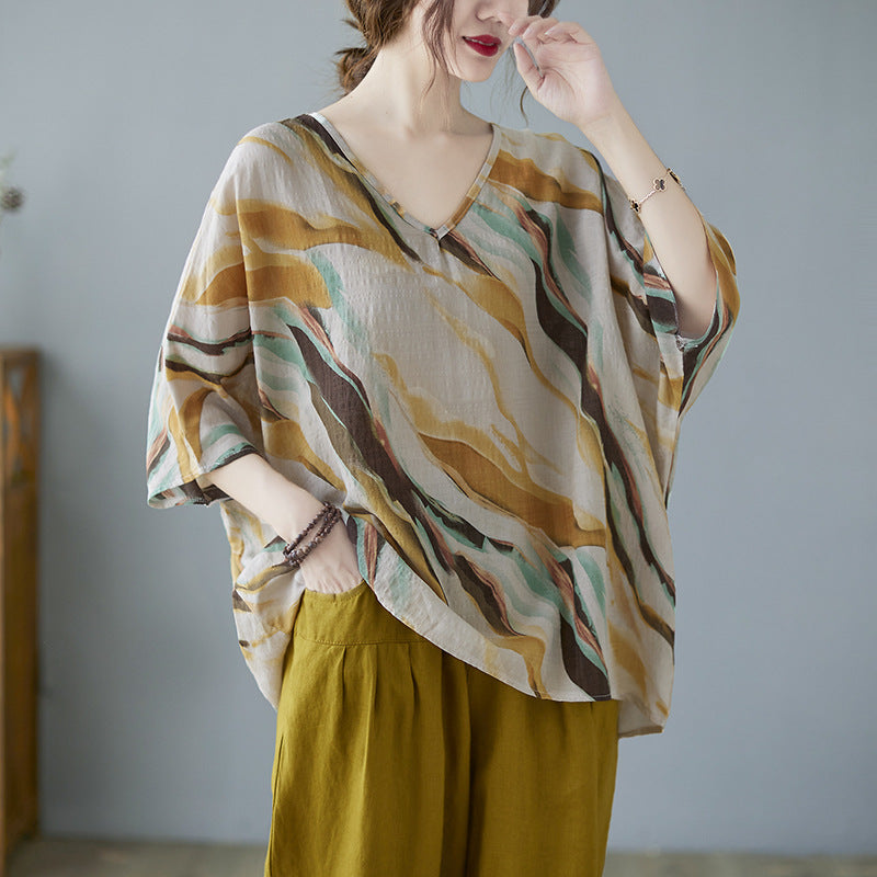 Cotton And Linen Art Batwing Sleeve Shirt