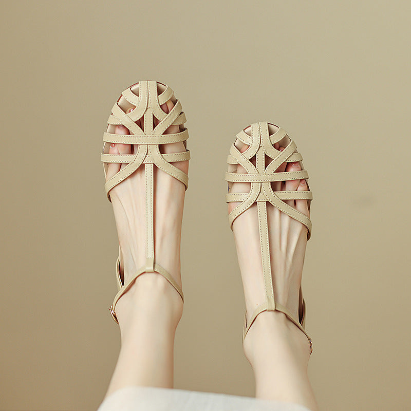 Women's Woven Hollowed Closed Toe Low Heel Flat Sandals