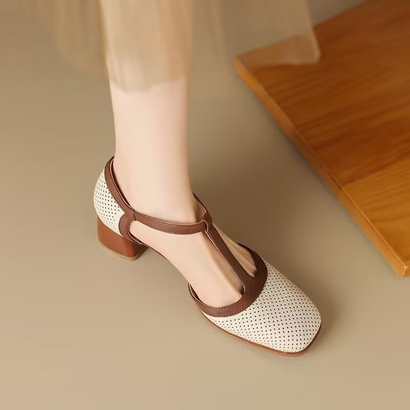 Hole Sandals Female Summer Retro Style Color Block Chunky Heel Pumps