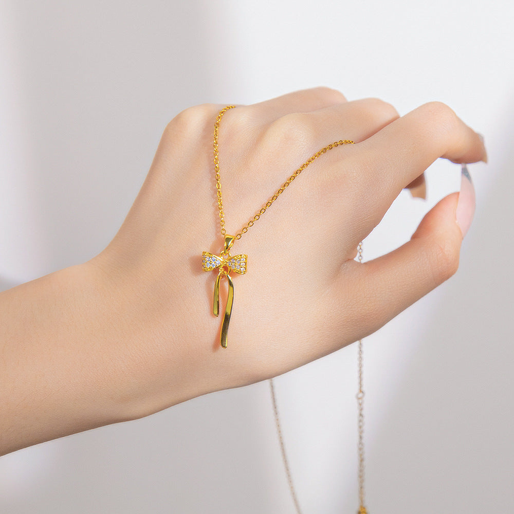 Simple 18K Gold-plated Tassel Bow Necklace For Women