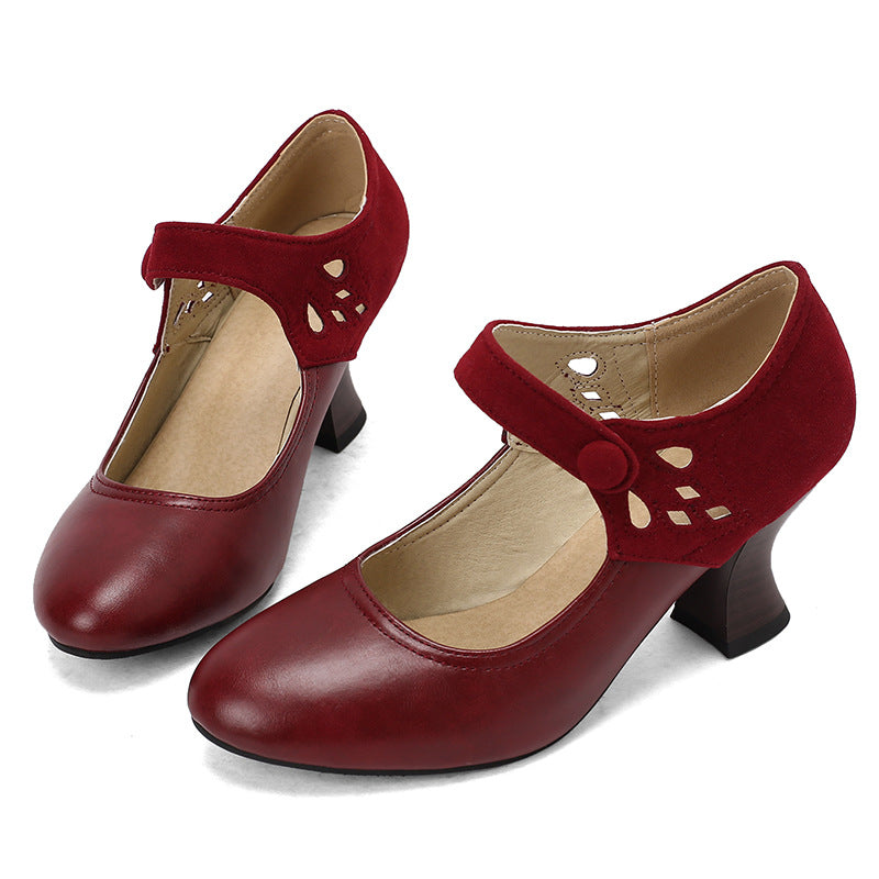 Buckle Spring And Autumn Women's Shoes Round Head Chunky Heel Shoes