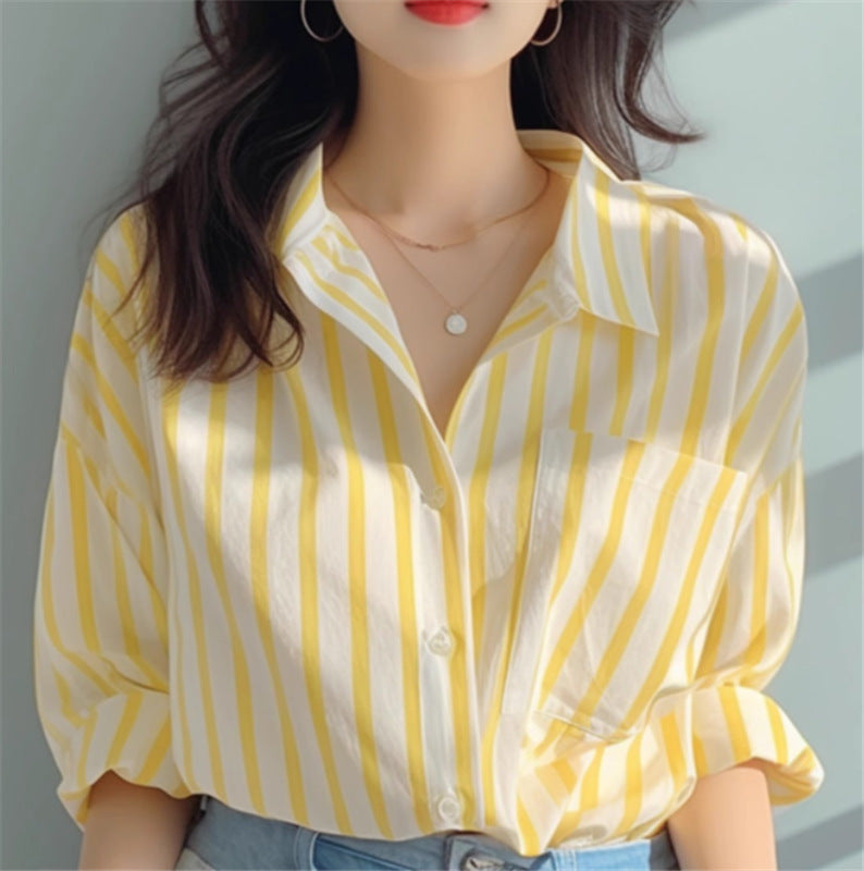 Yellow And White Vertical Striped Shirt For Women Sun Protection By The Sea