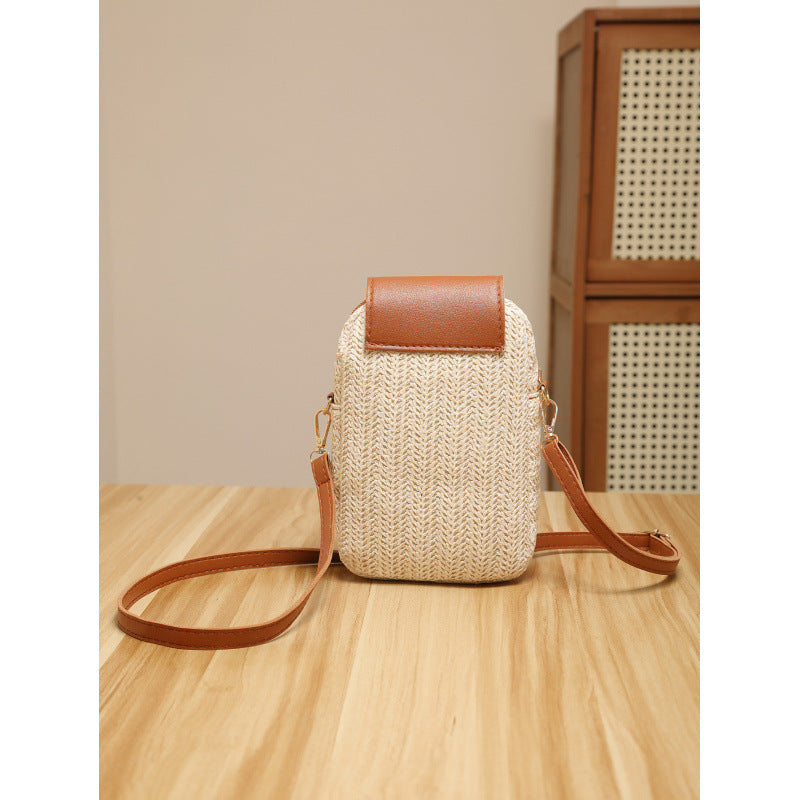 Trendy Straw Mobile Phone Pearl Tassel Bag