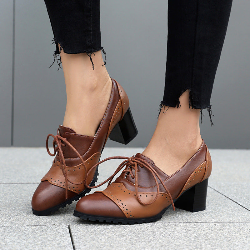 Matching Round Toe High Heel Front Lace-up Burning Flower Pumps