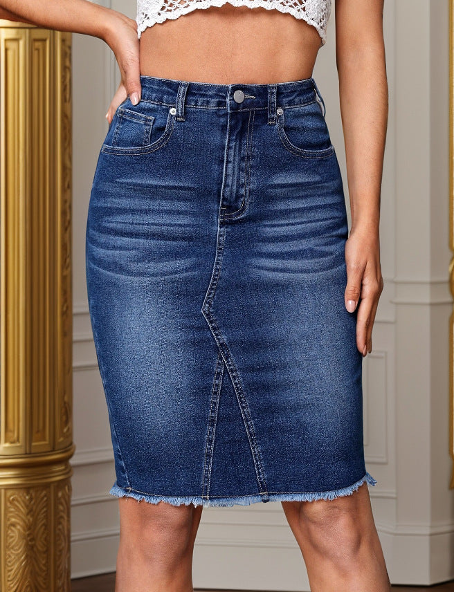 Casual Fashion Stretchy High Waist Slimming Slit Sheath Denim Skirt