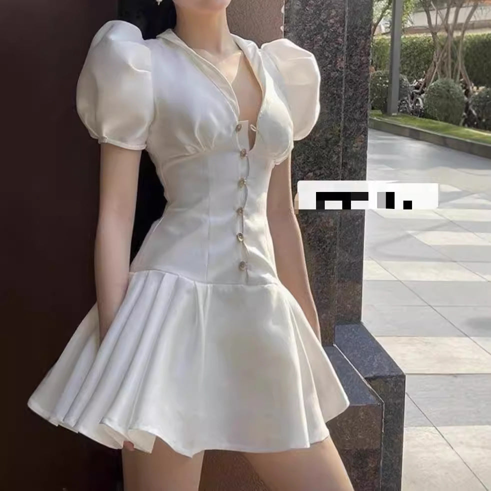 Sweet Satin Dress V-neck Fitted Waist Pleated Skirt