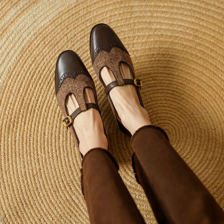 Pumps Women's Low-cut Chunky Heel Mary Jane Stitching T-strap