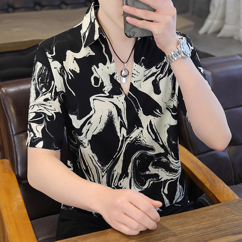 V-neck Stripe Trendy Loose Half Sleeve Shirt Loose