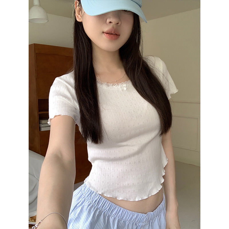 Women's Lace Stitching Bow Round Neck Fitted Short T-shirt Top