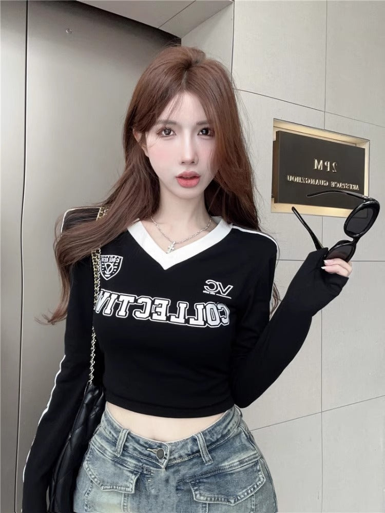 Women's Threaded Cotton V-neck Letter Printed Bottoming Shirt