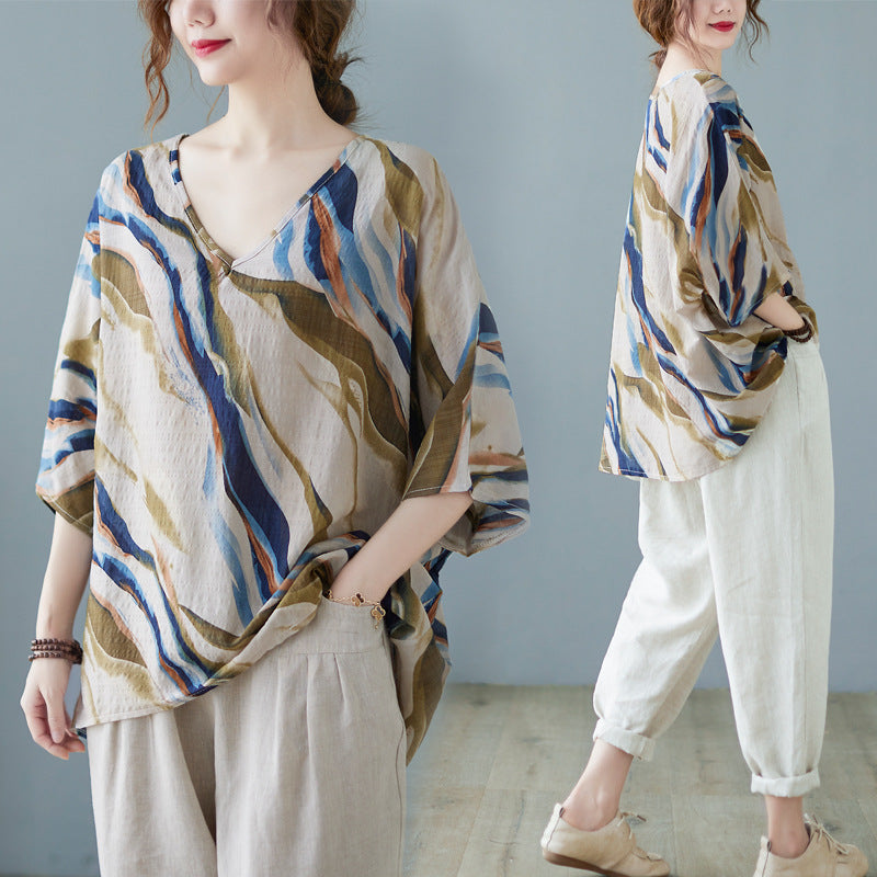 Cotton And Linen Art Batwing Sleeve Shirt