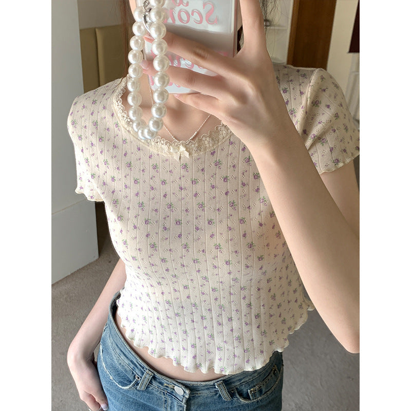 Women's Lace Stitching Bow Round Neck Fitted Short T-shirt Top