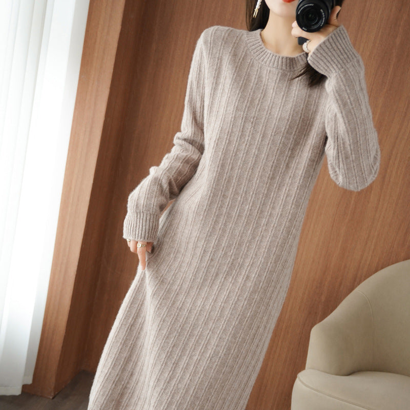 Mid-length Women's Round Neck Autumn And Winter Dress Over The Knee Thick Knitted