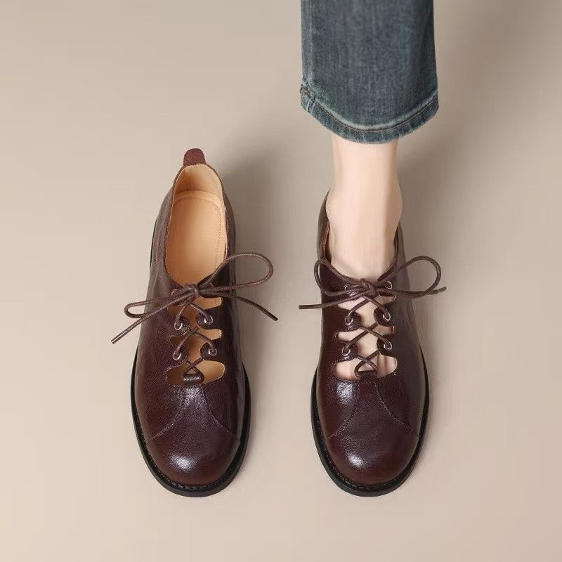 Retro Hollow Leather Shoes Women's Low-cut Lace-up British Style