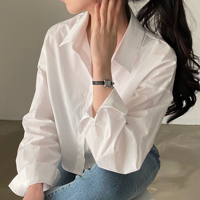 Back Slit Loose Lapels Short Long Sleeve Shirt