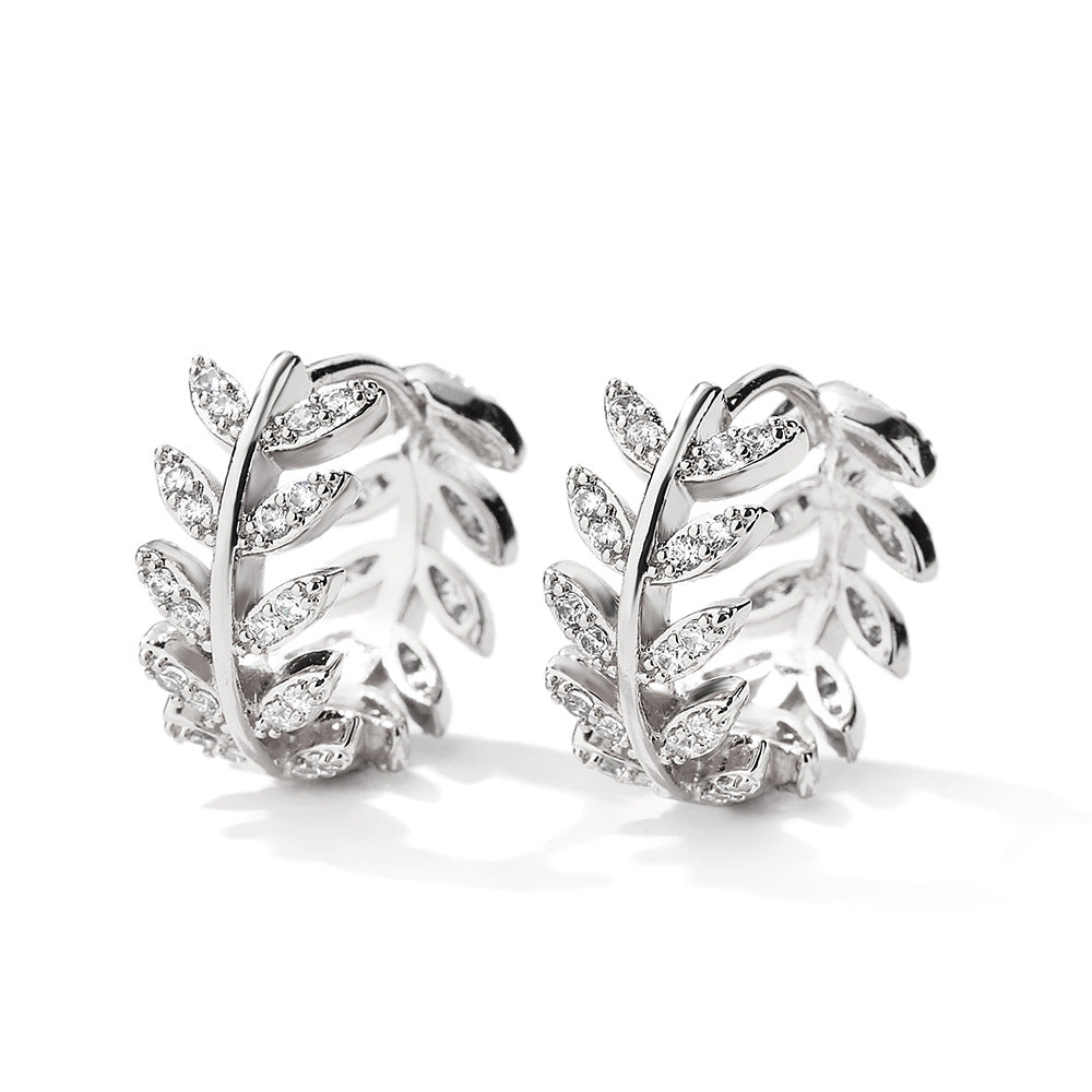 South Korea Niche Design Micro Inlaid Zircon Leaf-shaped Earring