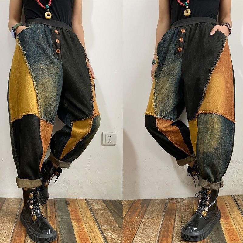 New Personalized Breasted Frayed Color Block Denim Harem Pants Loose Slimming Women