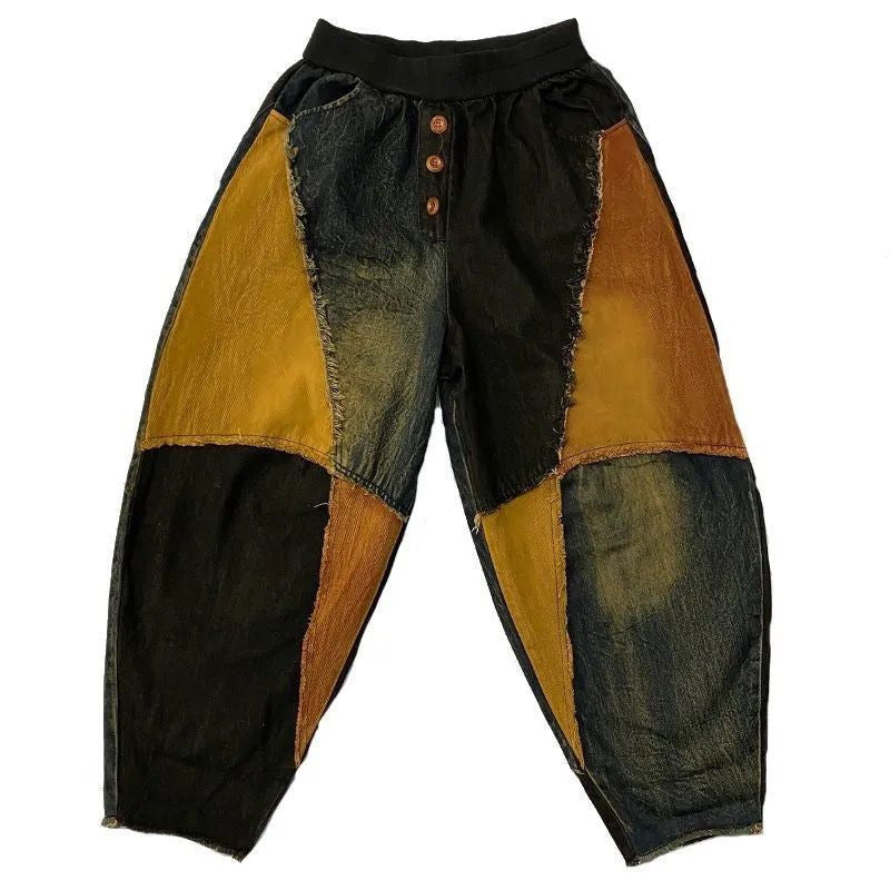 New Personalized Breasted Frayed Color Block Denim Harem Pants Loose Slimming Women