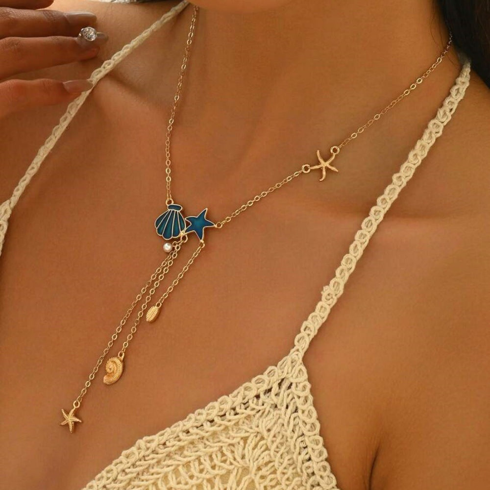 Creative Ocean Style Starfish And Shell Pendant Necklace Simple