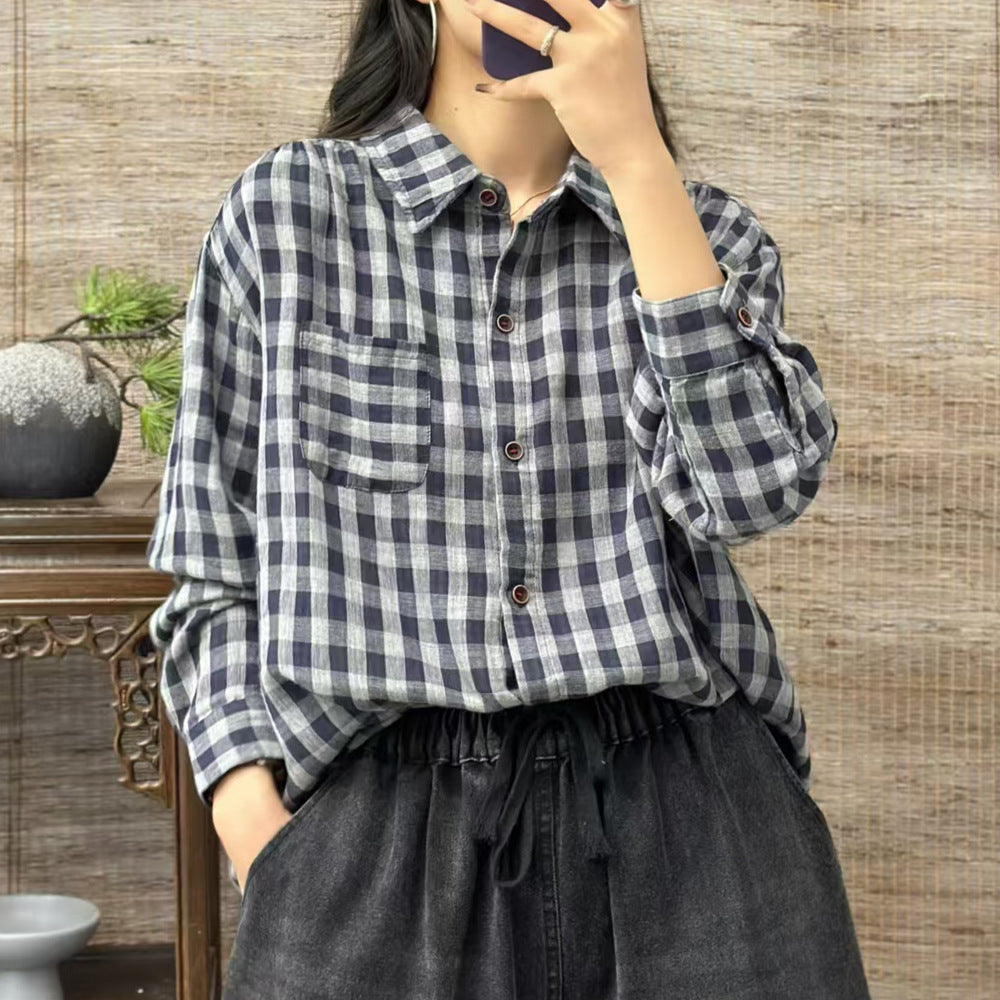 Artistic Cotton Yarn Small Plaid Shirt Women's Long Sleeve