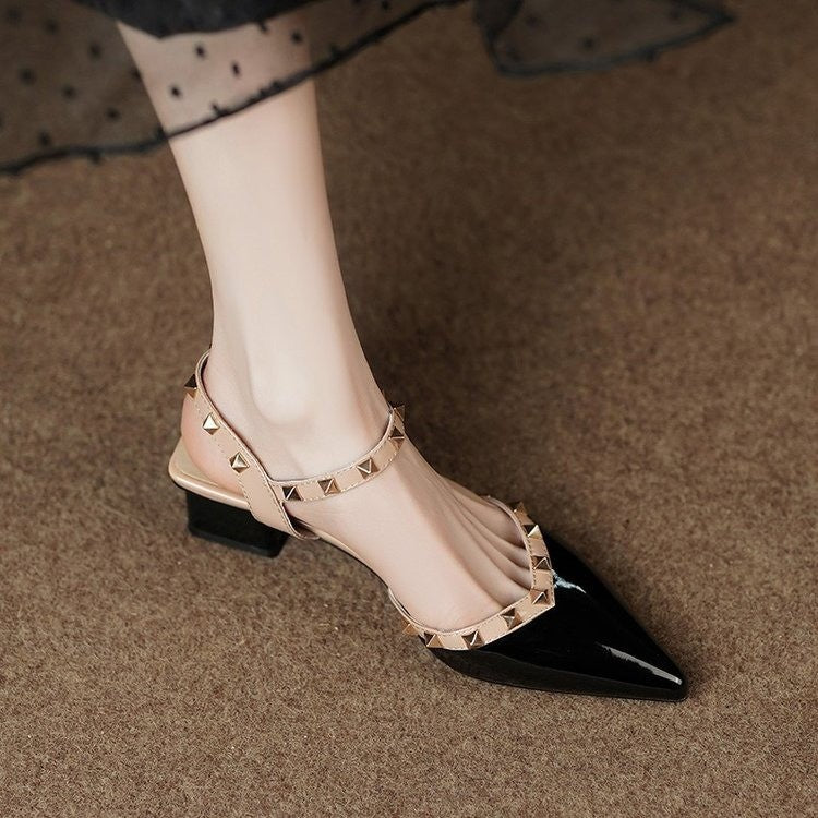 Fashion Pointed Rivets Middle Heel Back Empty Shoes