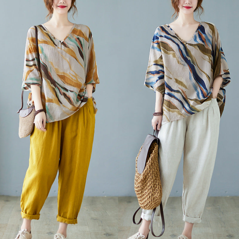 Cotton And Linen Art Batwing Sleeve Shirt