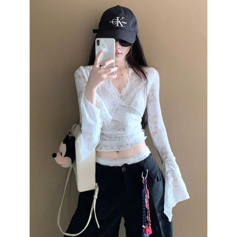 Women's V-neck Long Sleeve Lace Shirt