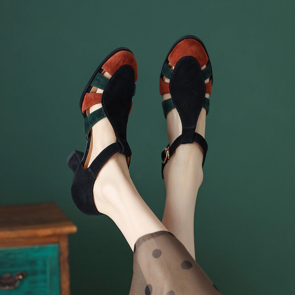 Retro Hollowed Toe Box Roman Sandals Color Matching Round Toe High Heels