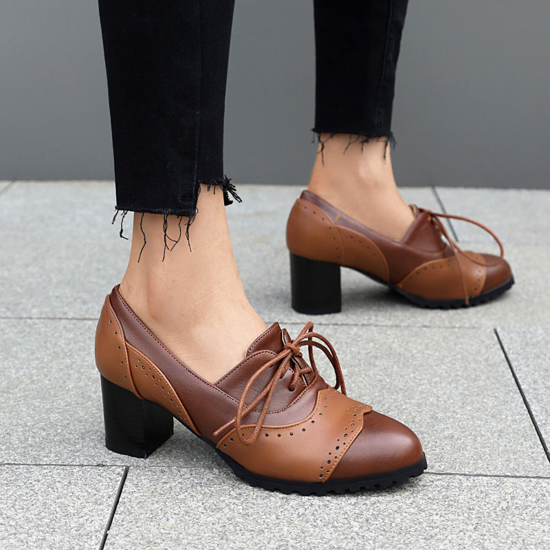 Matching Round Toe High Heel Front Lace-up Burning Flower Pumps