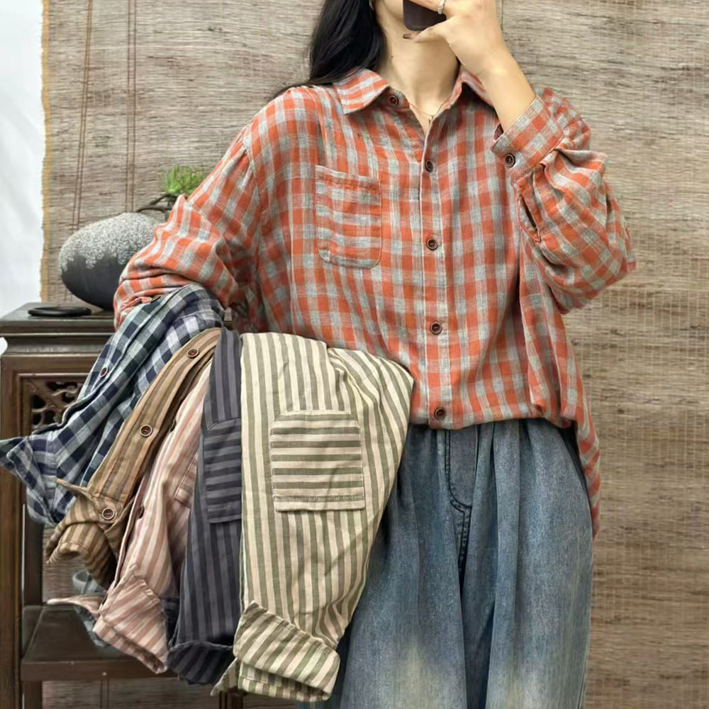 Artistic Cotton Yarn Small Plaid Shirt Women's Long Sleeve