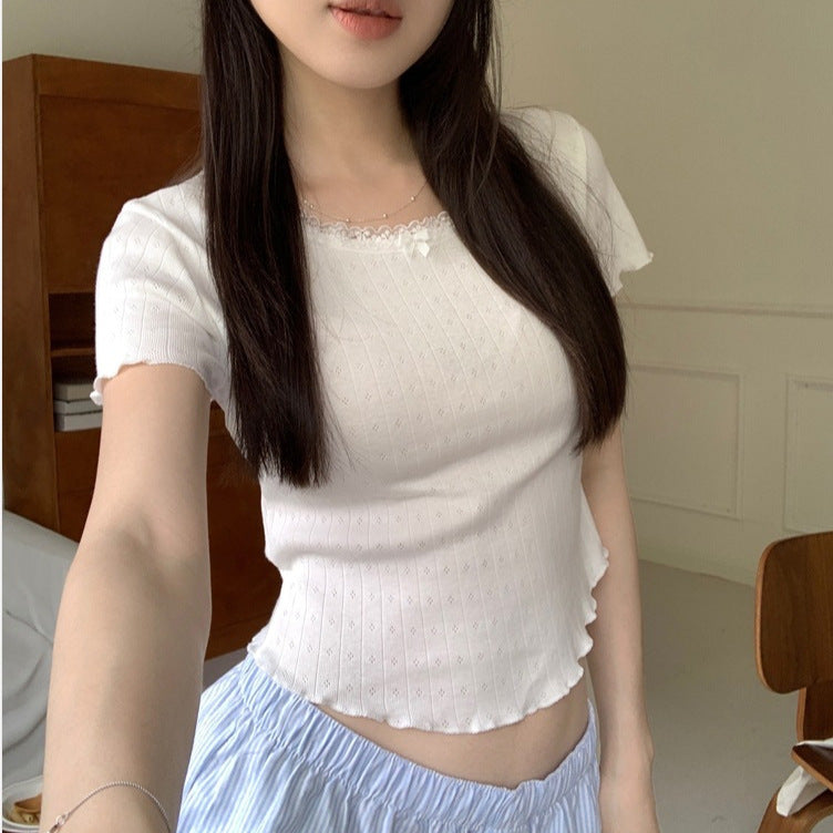 Women's Lace Stitching Bow Round Neck Fitted Short T-shirt Top