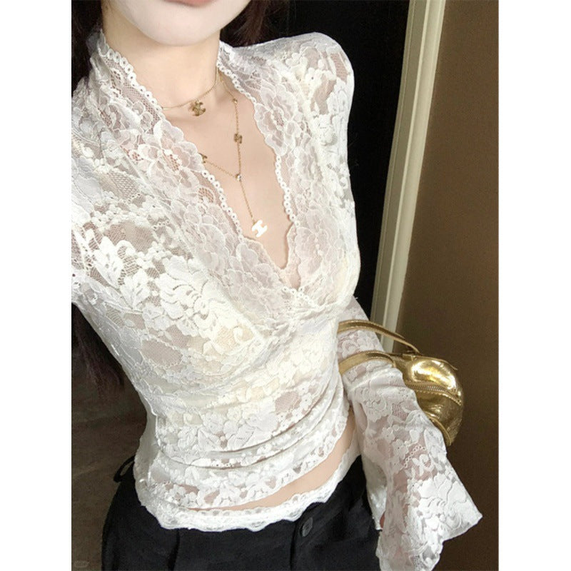 Women's V-neck Long Sleeve Lace Shirt