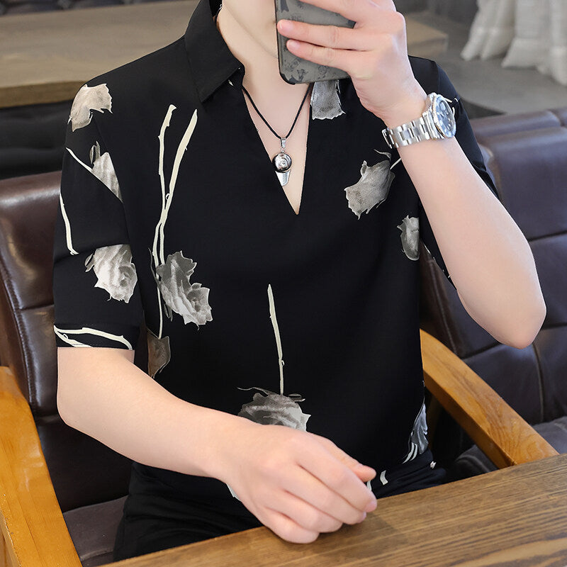 V-neck Stripe Trendy Loose Half Sleeve Shirt Loose