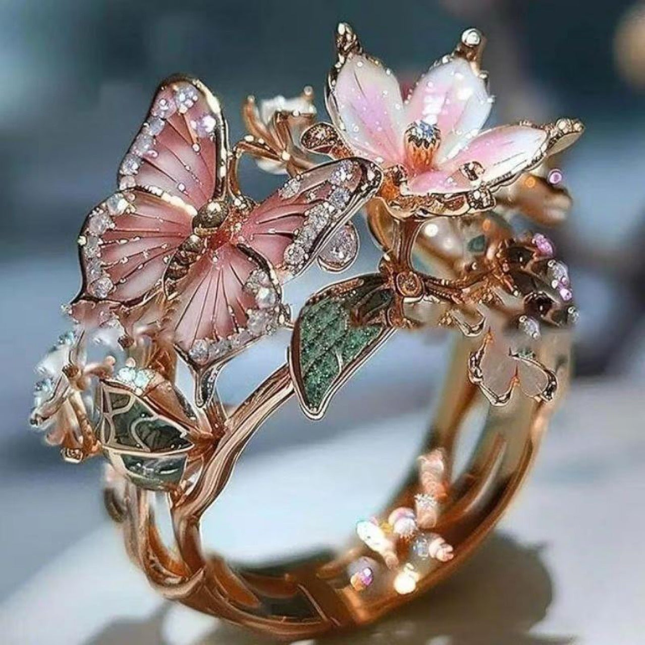 INS Flower Butterfly Ring With Rhinestones And Oil Dropping Design Fashion Personalized Jewelry For Women