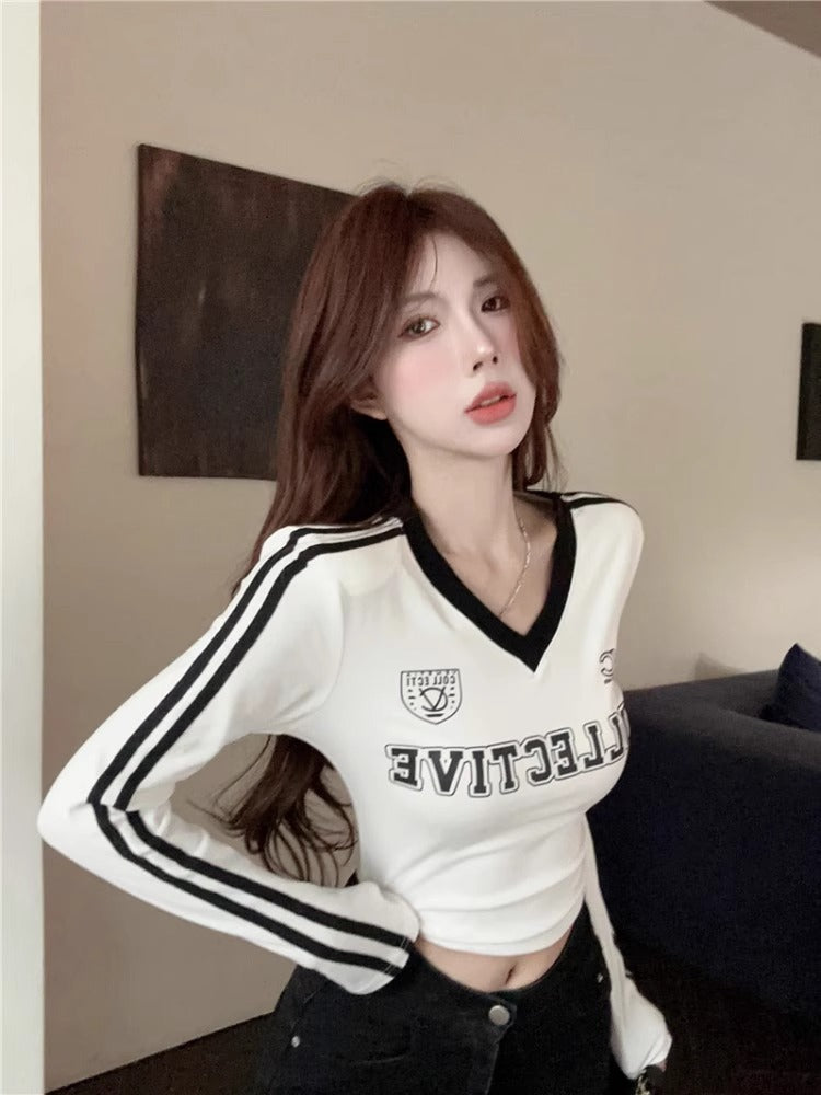 Women's Threaded Cotton V-neck Letter Printed Bottoming Shirt