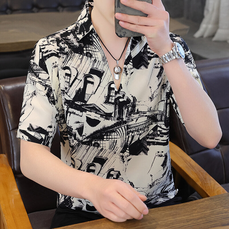 V-neck Stripe Trendy Loose Half Sleeve Shirt Loose